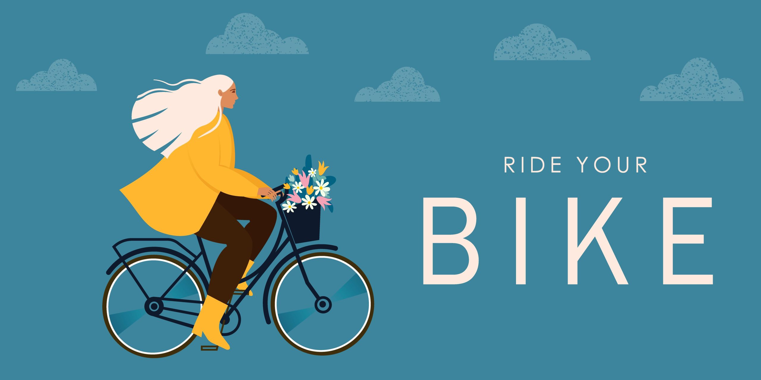 An illustration of a woman on a bike. There is a handlebar basket full of flowers. It says "Ride your bike"