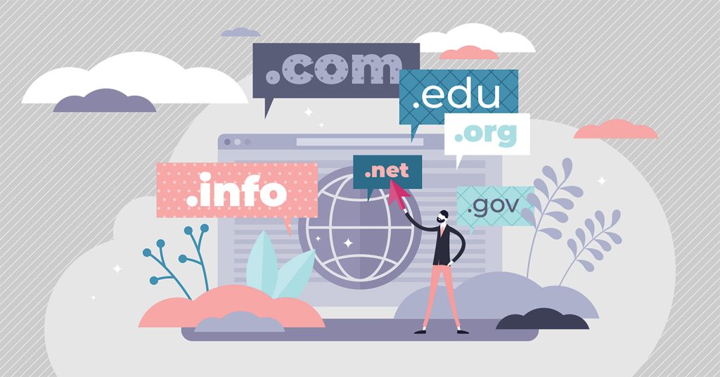 An illustration of a computer with a tiny person standing in front of it. There are internet domain (com, edu, etc) floating around the screen. 